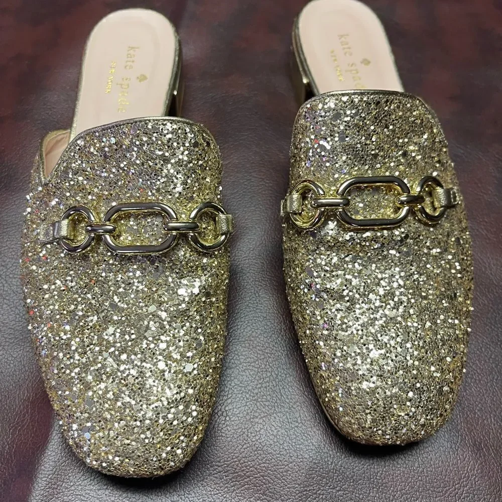 Kate Spade‎ gold glitter Glendi mules, size 6